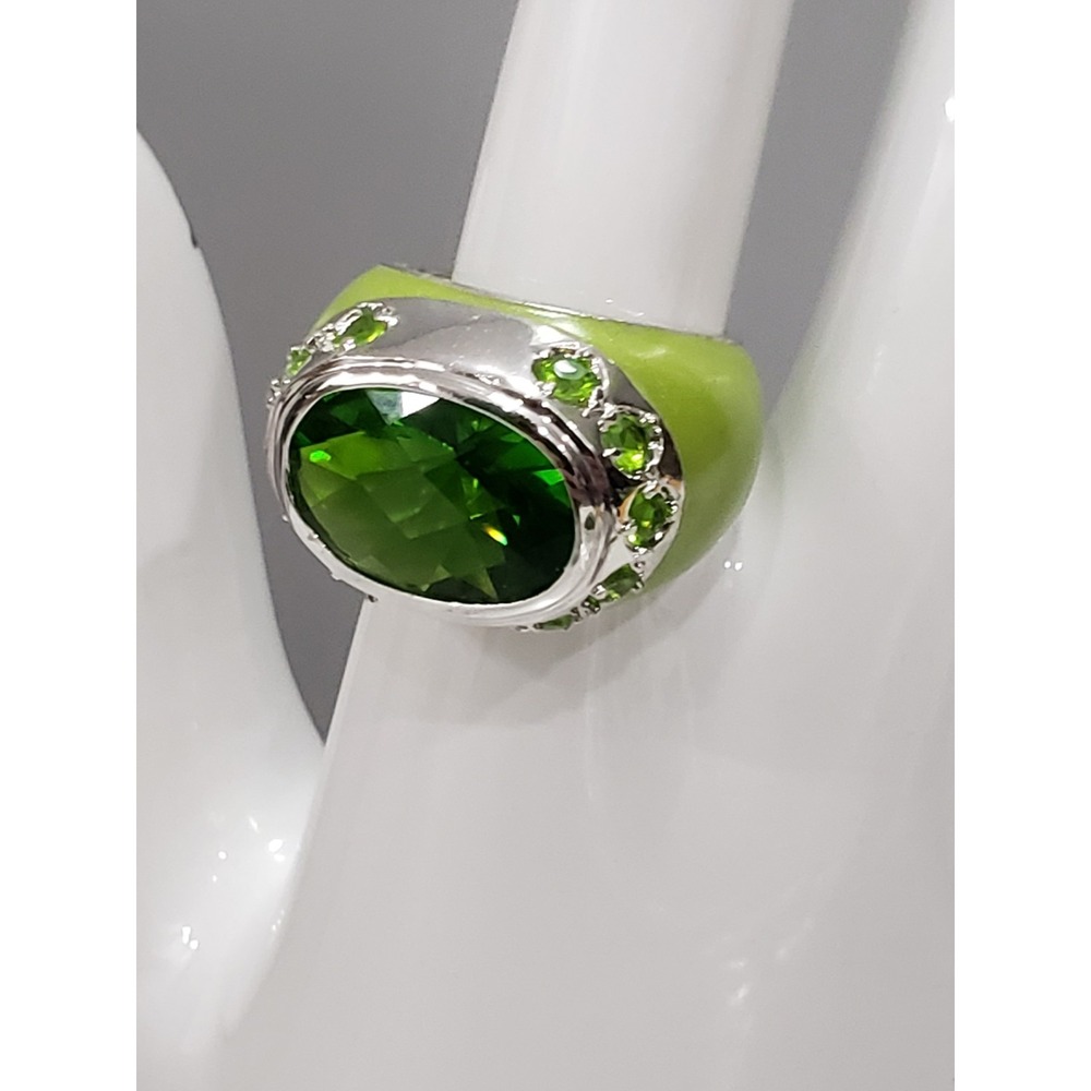 Lauren G Adams Rhinestone Cubic Zirconia GREEN enamel ring Art Deco Cocktail